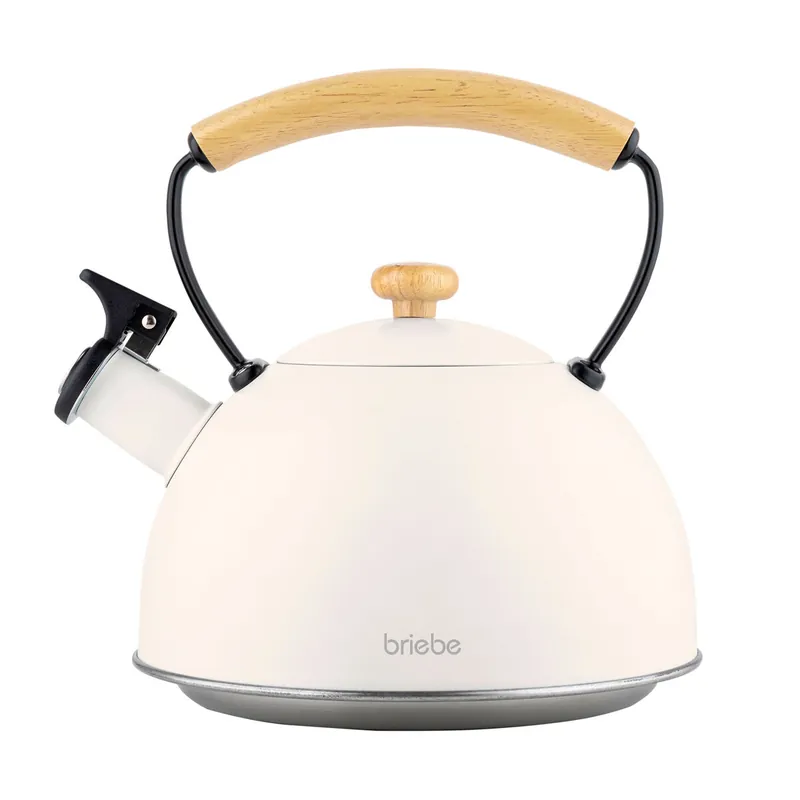 Briebe Nordic Tetera con Silbato, Hervidor de Agua 2,3L, Inducción, Acero Inox, Vintage, Mango Madera, , Blanco - Cocina