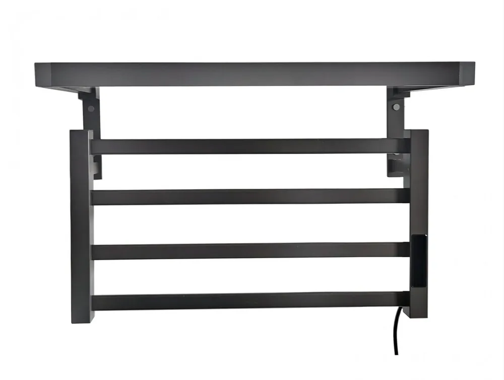 Toallero eléctrico con estante color gris antracita. Montaje con tira adhesiva de doble cara que soporta hasta 12Kg. Selección de temp. y tiempo de funcionamiento. - Baño