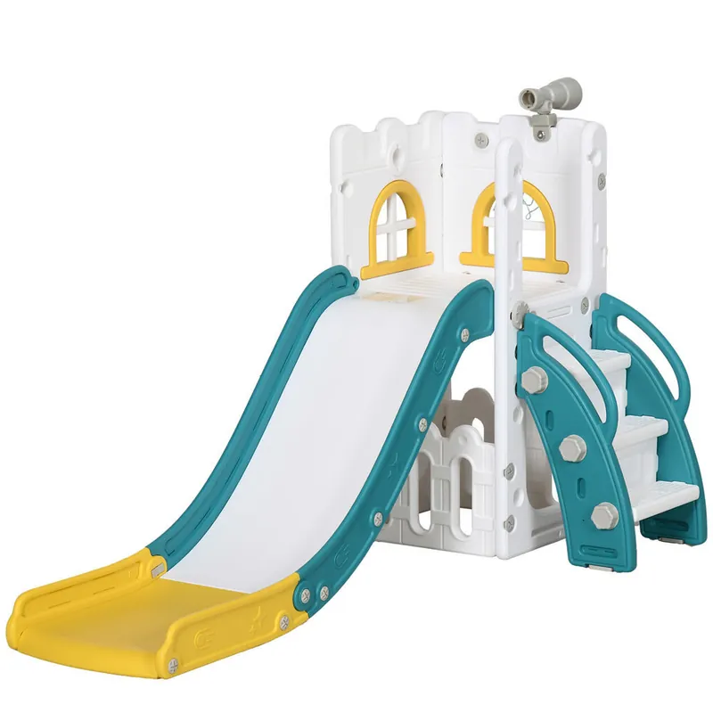 AIYAPLAY Tobogán Infantil 5 en 1, Tobogán para Niños de 1-3 Años con Aro de Baloncesto, Telescopio, Escalador y Cesta Inferior, para Interior y Exterior, Amarillo y Verde