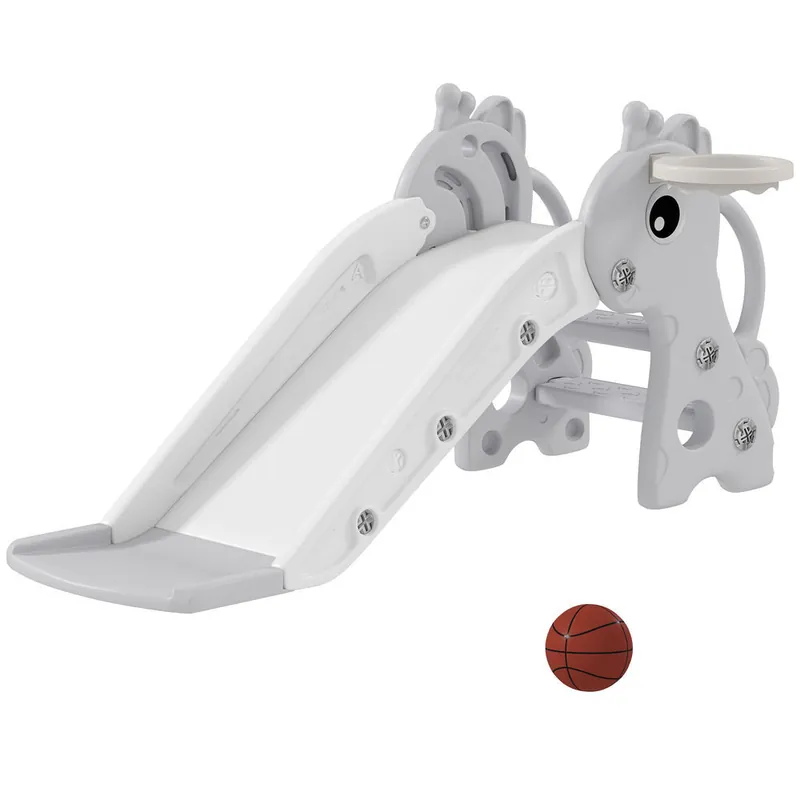 AIYAPLAY Tobogán Infantil 3 en 1 Tobogán para Niños de 1 a 3 Años con Escalera Canasta de Baloncesto y Diseño de Jirafa para Interior 106x51,5x52 cm Gris - Jardín