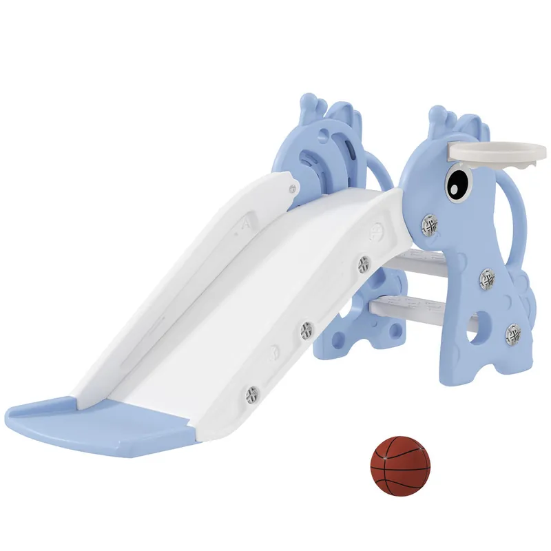 AIYAPLAY Tobogán Infantil 3 en 1 Tobogán para Niños de 1 a 3 Años con Escalera Canasta de Baloncesto y Diseño de Jirafa para Interior 106x51,5x52 cm Azul - Jardín