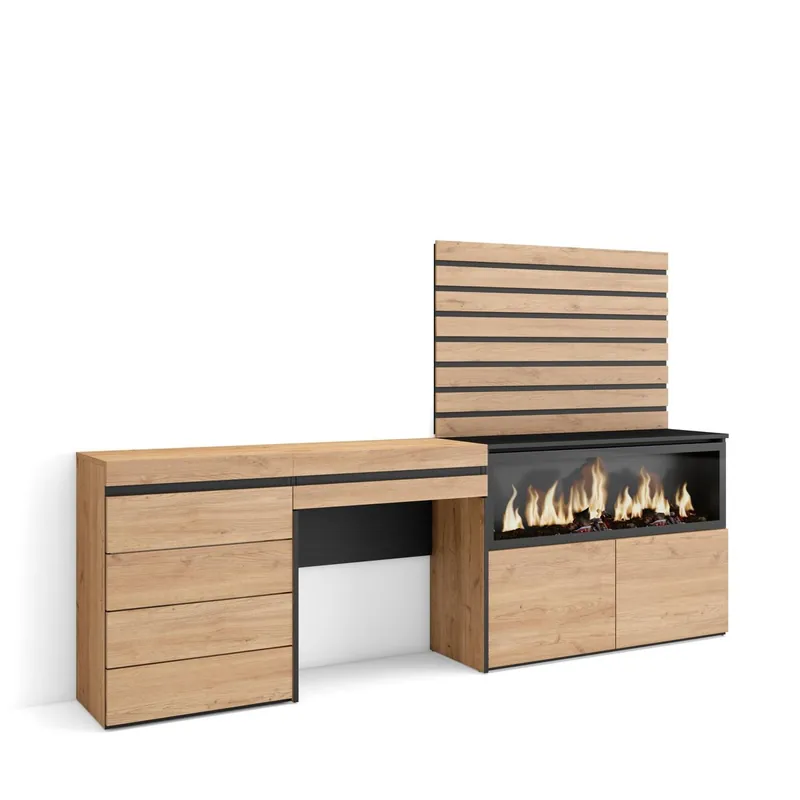 Tocador, Dormitorio habitación, 234x35x145cm, Con cajón, Chimenea eléctrica XXL, Cómoda, Cajonera, Listones Decorativos, Estilo Moderno, Blanco - Muebles