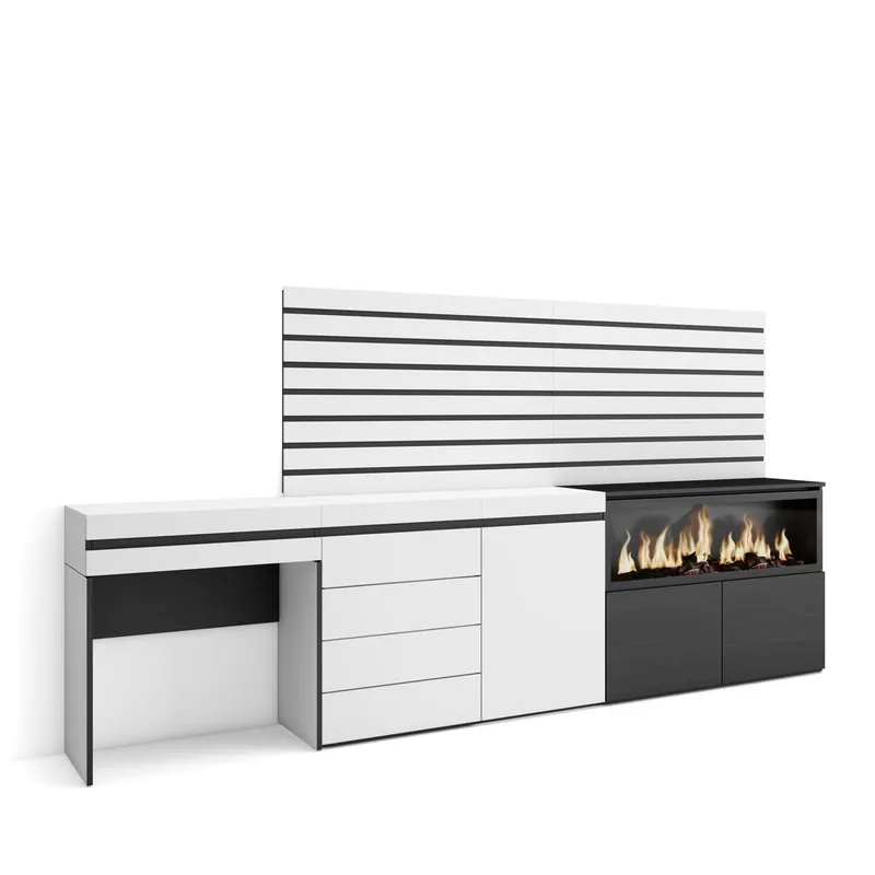 Tocador, Dormitorio habitación, 284x35x145cm, Con cajón, Chimenea eléctrica XXL, Cómoda, Cajonera, Listones Decorativos, Estilo Moderno, Blanco - Muebles