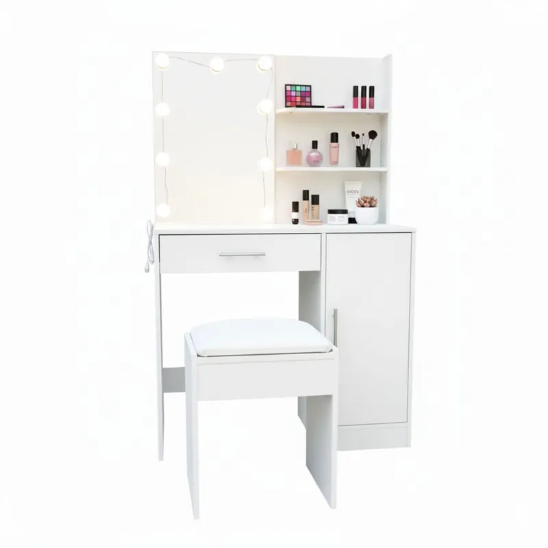 Tocador con Espejo e Iluminacion LED Nyana Home | Estantes Cajón y Taburete Acolchado | 3 modos de luz ajustable - Muebles