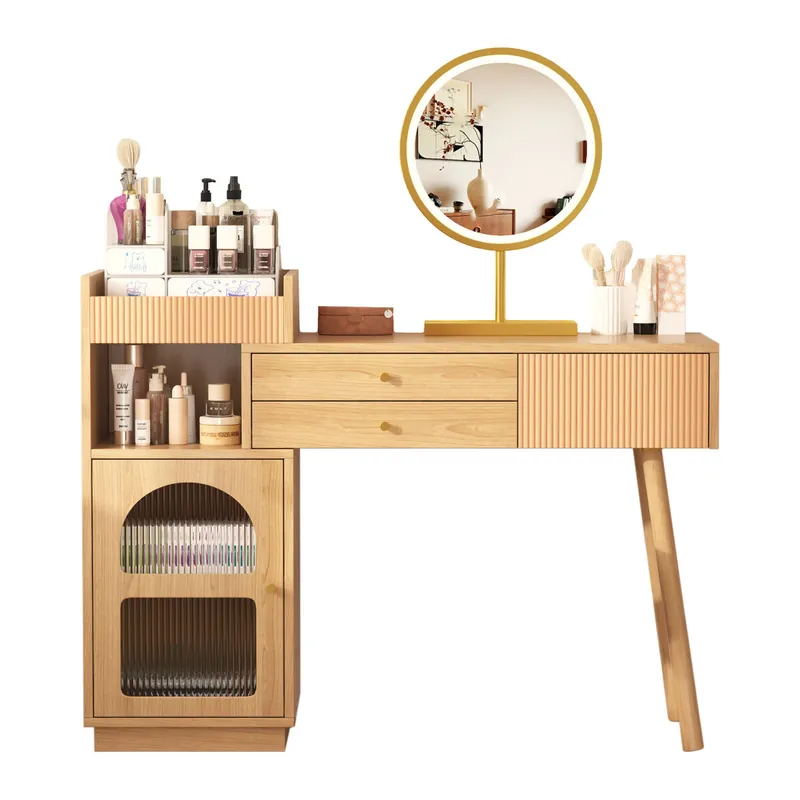 Tocador de panel de partículas con espejo y 3 cajónes,natural - Muebles