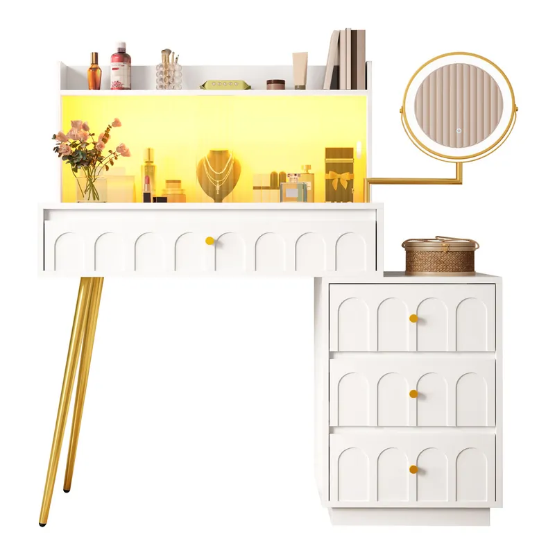 Tocador de mdf con espejo y 4 cajónes,blanco - Muebles
