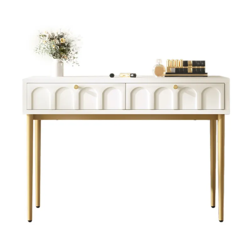 Tocador de madera y metal con 2 cajónes,blanco+dorado - Muebles