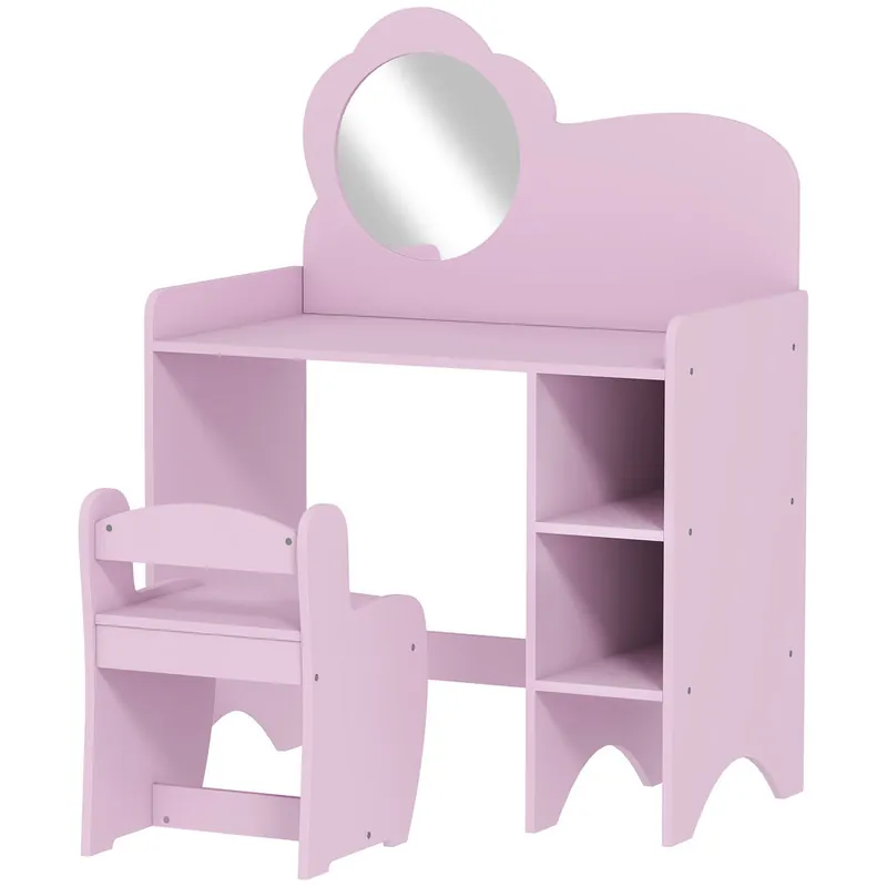 AIYAPLAY Tocador de Maquillaje Niña, 2 en 1, Escritorio, Tocador Infantil con Taburete, Espejo en Forma de Flor, Estantes Abiertos, para Niños +3 Años, Morado - Muebles