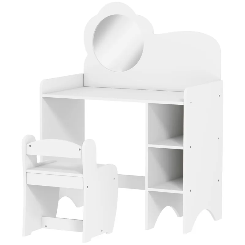 AIYAPLAY Tocador de Maquillaje Niña, 2 en 1, Escritorio, Tocador Infantil con Taburete, Espejo en Forma de Flor, Estantes Abiertos, para Niños +3 Años, Blanco - Muebles