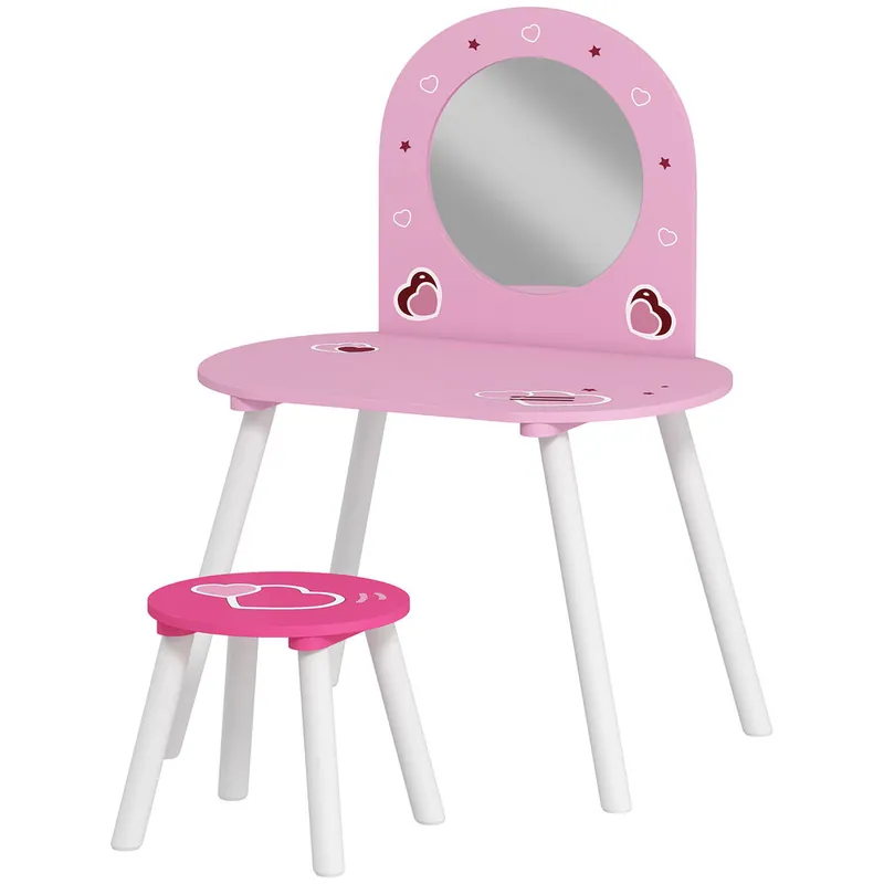 AIYAPLAY Tocador Infantil con Taburete y Espejo, Tocador para Niñas con Dibujos de Corazones, Mesa de Maquillaje para Niños y Niñas de 3-6 Años, Rosa