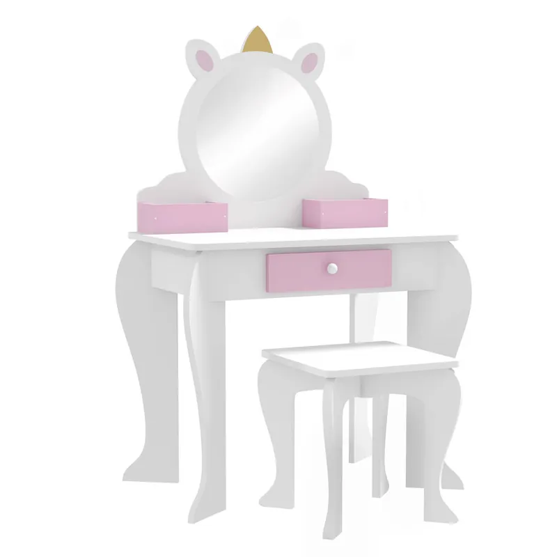 ZONEKIZ Tocador Infantil con Taburete y Espejo, Tocador para Niñas con Cajón, Compartimentos, Diseño de Unicornio, Mesa de Maquillaje para Niños y Niñas de 3-6 Años, Blanco