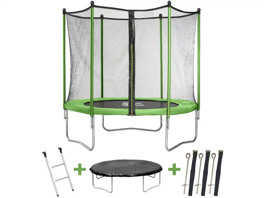 Trampolin Yoopi - Ø 2.44 m - con red + escalera + cubierta de protección + kit de anclaje - color verde