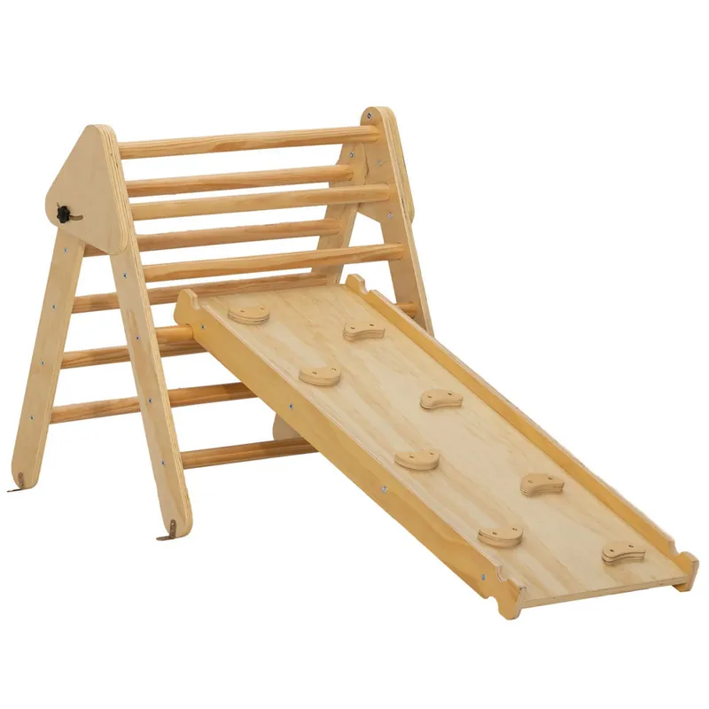 AIYAPLAY 3 en 1 Triángulo de Escalada Montessori, Escalada para Niños de Madera Plegable, para18-48 Meses, con Rampa, para Deslizarse o Escalar, 147x64,5 cm, Natural