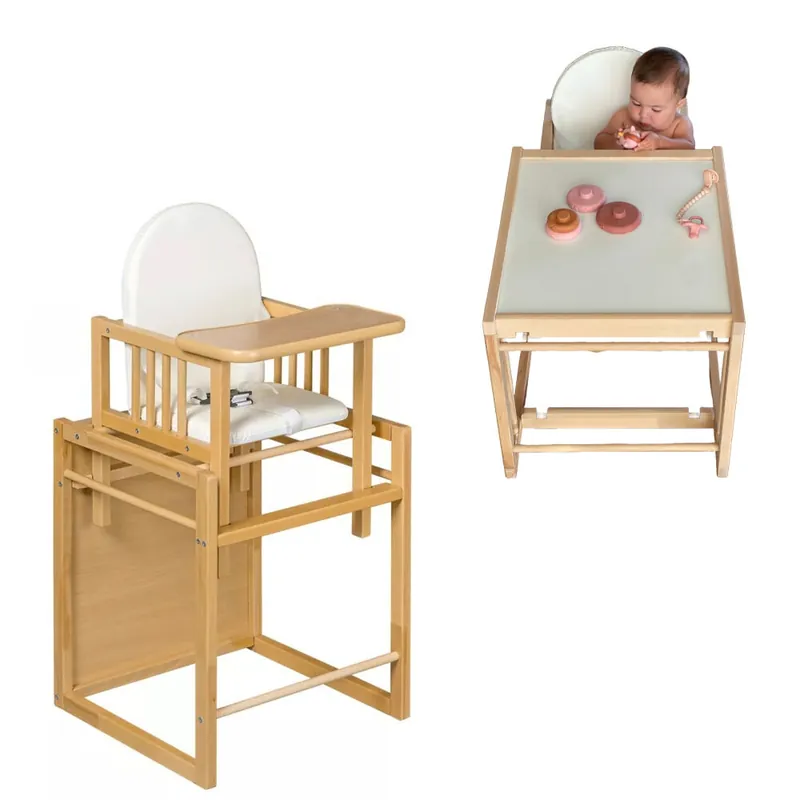 Trona evolutiva bebe portatil de madera de haya Evoluonge. Convertible en mesa y silla infantil. Asiento acolchado - Bebé