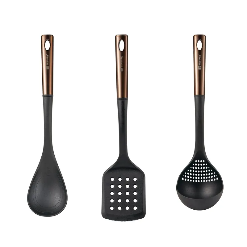 Bergner Copper Set de 3 Utensilios de cocina: Espátula ranurada, Cuchara y Cuhcarón en PBT negro y cobre