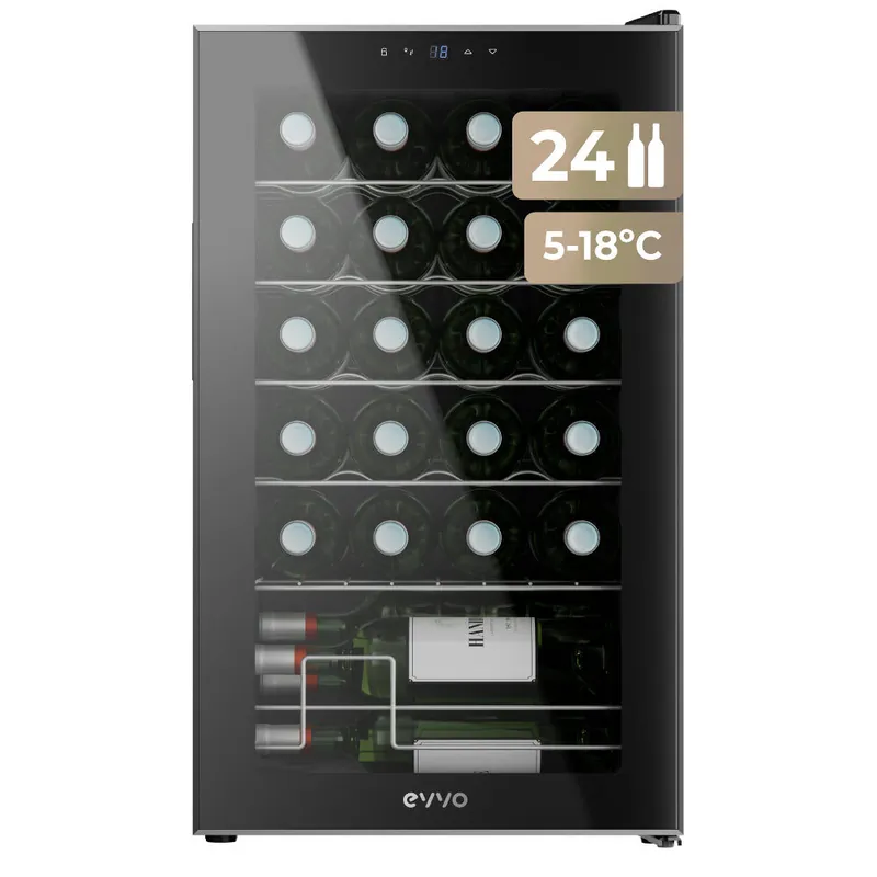 Vinoteca EVVO VT24, capacidad 24 botellas, compresor, 12ºC regulable, auto-defrost, 45 dB, 5 baldas, diseño compacto