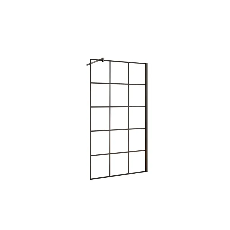 Mampara de ducha fija serigrafiada de celosía cuadrada Vidrio Antical 8mm con Barra 90cm Perfil Negro Mate (78-80)x200cm