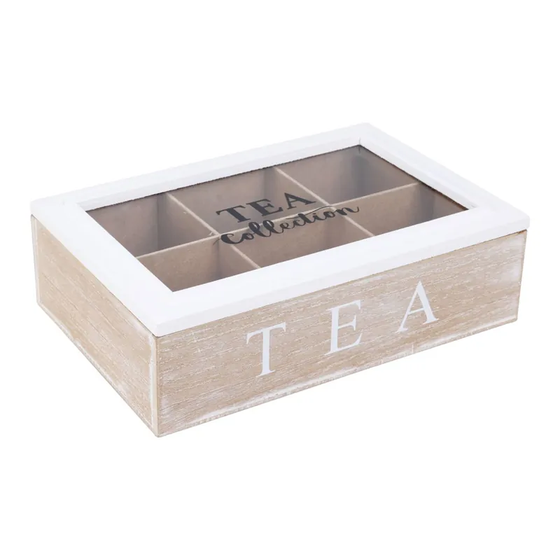 WELL HOME - Caja de té de 6 compartimentos con tapa de vidrio en MDF