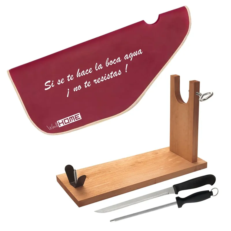 Well Home Jamonero de madera + Cuchillo jamonero+Chaira + Funda para jamón - Cocina