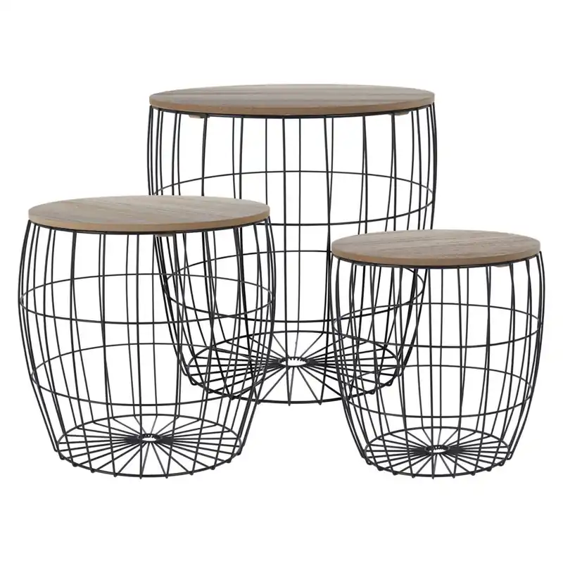 Well Home Juego de 3 mesas auxiliares en metal y mdf 42,5x45,5x41,5 cm - Muebles