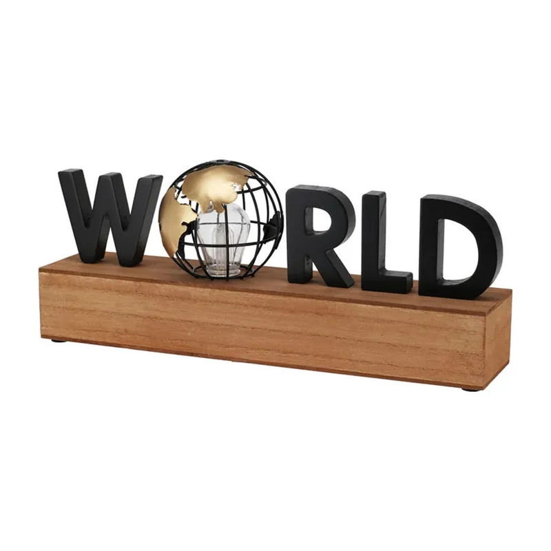 Well Home Lámpara con Texto LED ''World'' - Decoración Moderna en MDF y Hierro 38x8x15cm