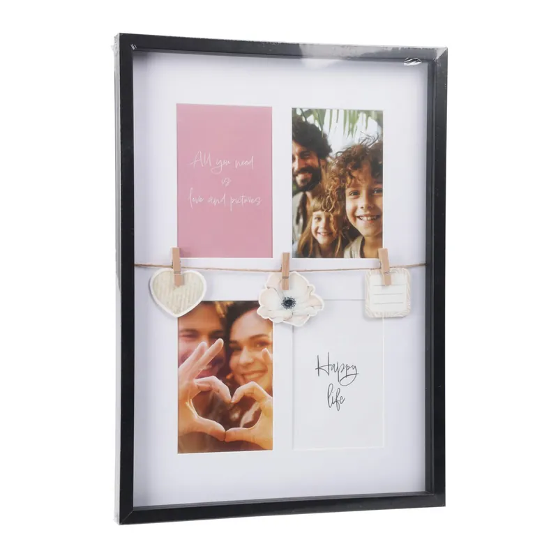 Well Home Marco de fotos Negro para 4 fotos y 3 correas de madera 31,3x2,7x43,5cm - Decoración