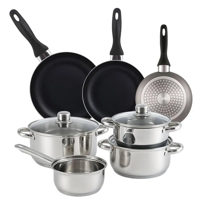Well Home Set de Batería de cocina de 7pc en acero inoxidable + 3 Sartenes Ø16Ø20Ø24cm Gris metalizado en Aluminio
