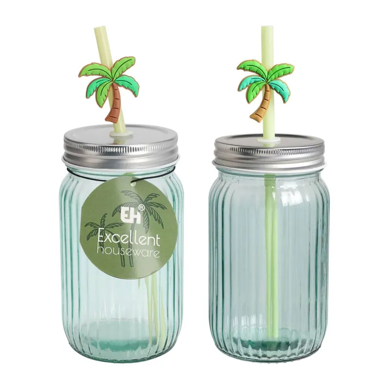 Well Home Vaso de Vidrio con Tapa y Pajita, 450ml, Diseño Palm PV, Verde Transparente, 7,8x7,8xH13cm - Cocina