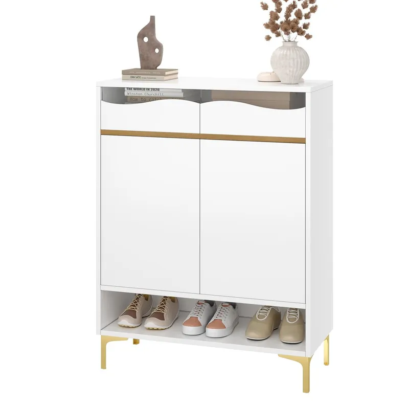 Zapatero de mdf y panel de partículas con 2 puertas,2 cajónes y luz led,blanco - Muebles