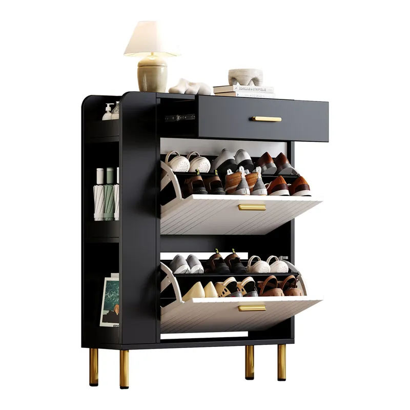 Zapatero de mdf con 2 trampones,negro+blanco - Muebles