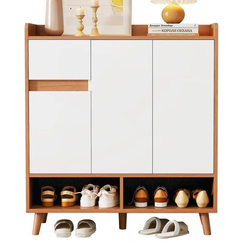 Zapatero de panel de partículas con 3 puertas,natural+blanco - Muebles