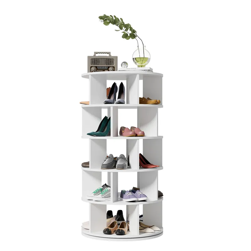 Zapatero giratorio redondo de panel de partículas con 4 estantes,blanco - Muebles