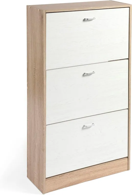 Zapatero Madera, Tres Puertas, Zapatero Puertas Oscilobatientes, Mueble Auxiliar, Medidas: 63cms Ancho, 24cms Profundo, 115cms Alto (Taupe/Blanco) - Muebles