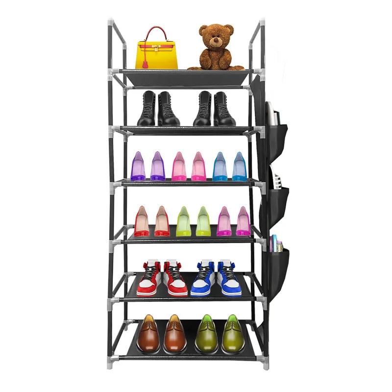 Zapatero metálico modular Nyana Home hasta 18 pares 108x46x27cm ,3 bolsillos laterales, 6 alturas Negro. - Muebles