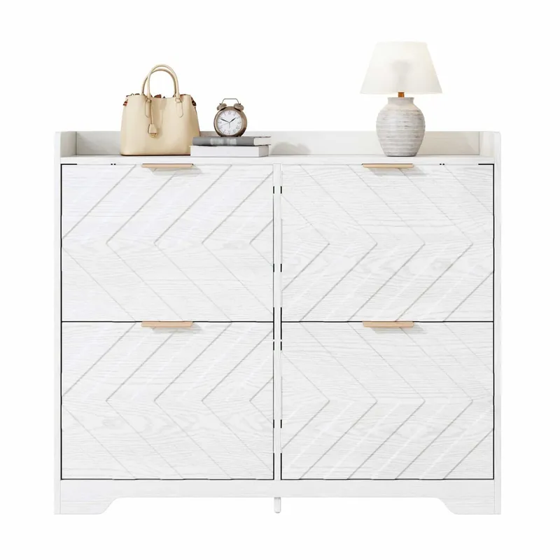Zapatero con 4 compartimentos abatibles, frente con estructura 3D, superficie de almacenamiento superior, zapatero espacioso, ahorra espacio, mueble para entrada - Blanco