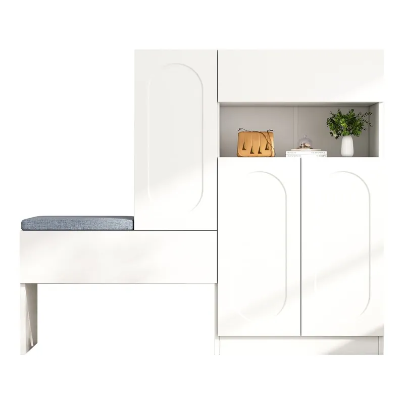 Zapatero 130x35x110 cm - 2 en 1 con puertas curvas, Soft-Close, estantes ajustables, asiento acolchado - Blanco