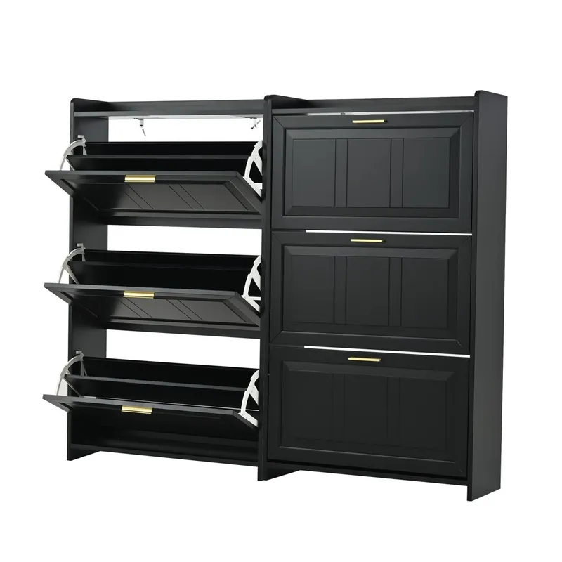 Zapatero 70x24x120 cm - 6 compartimentos, para pasillos y oficinas, MDF, Negro, Set de 2