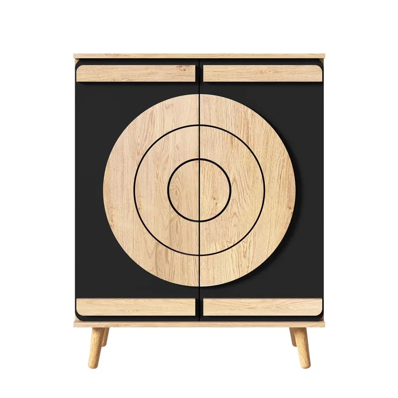 Zapatero moderno - puertas geométricas redondas, varios niveles, patas de madera - Azul/Natural