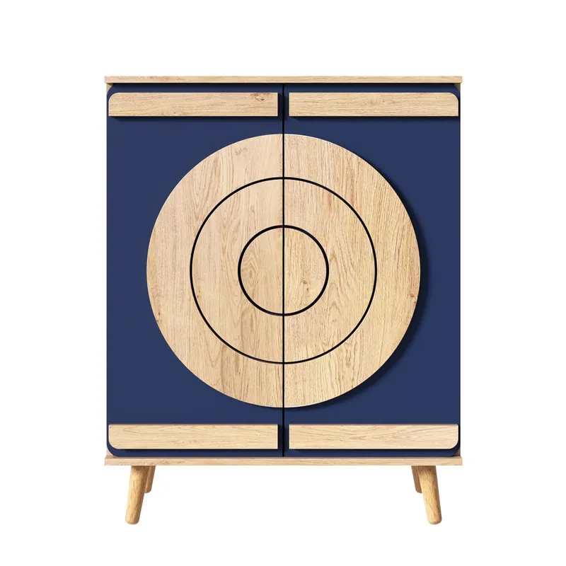 Zapatero moderno - puertas geométricas redondas, varios niveles, patas de madera - Azul/Natural