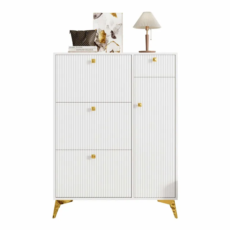 Zapatero estrecho 121x90x25 cm - 3 puertas abatibles, 1 cajón y 1 puerta - blanco