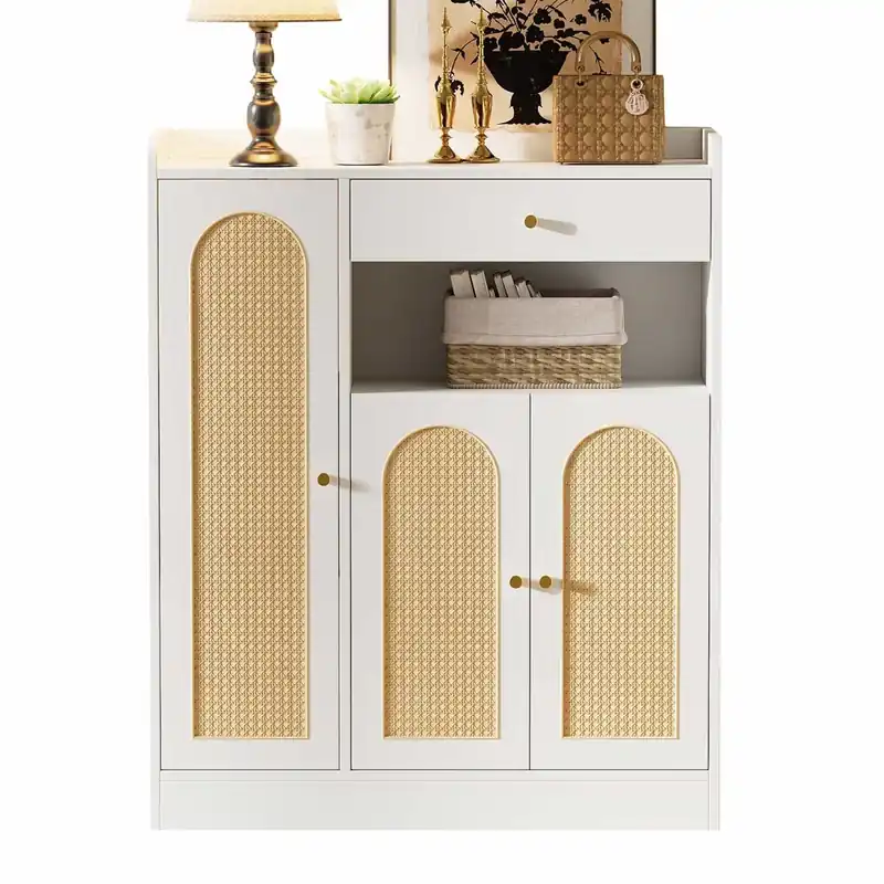 Zapatero de ratán 90x35x110 cm - 1 cajón, 3 puertas con estantes ajustables, armario de almacenamiento para recibidor, comedor y pasillo - color madera natural