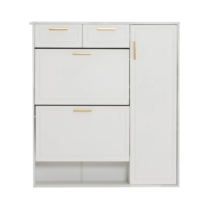 Zapatero moderno 95x24x107 cm - con estantes ajustables, asas doradas, cajones y puertas - Negro