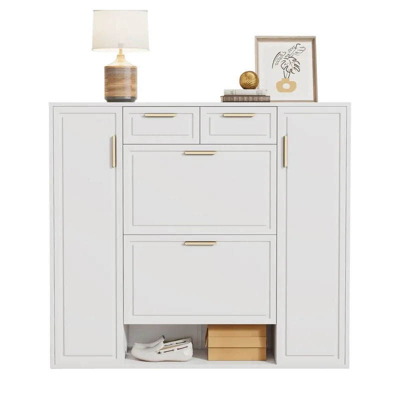 Zapatero moderno 120x24x107 cm - Estantes ajustables, 2 cajones, puertas y asas doradas - Blanco