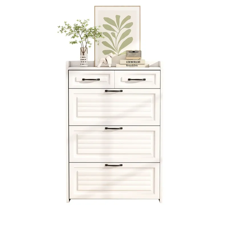 Zapatero 80x23.5x131 cm - con 3 puertas y 2 cajones - madera - blanco - para entrada o salón