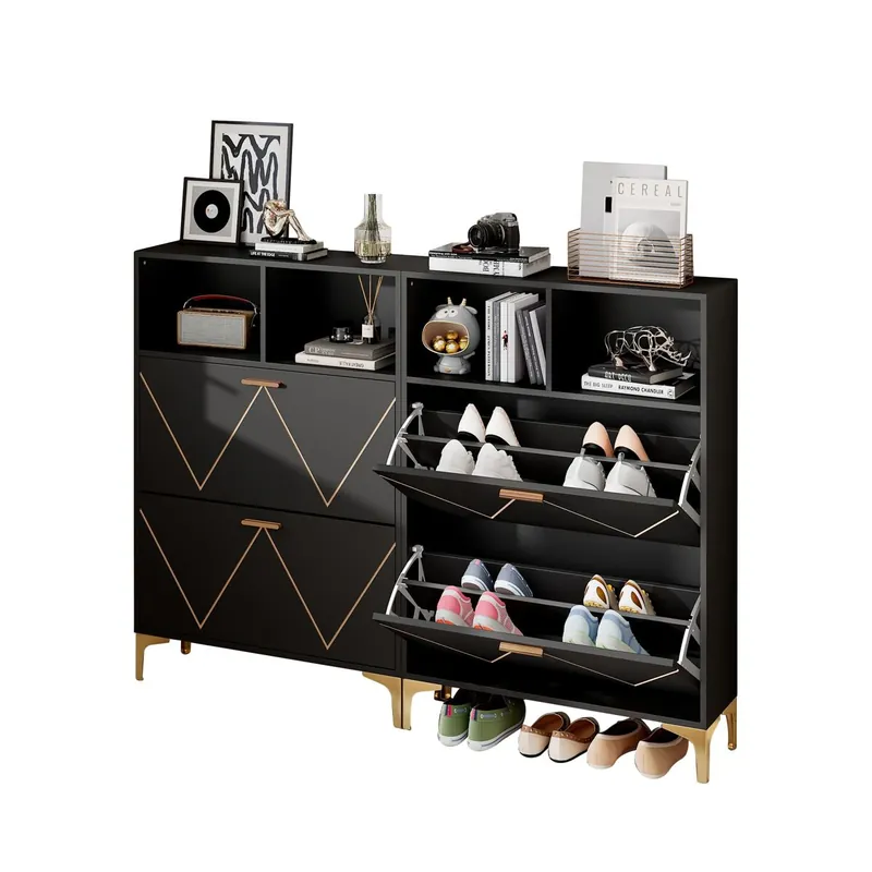 Zapatero 4 puertas abatibles - 8 compartimentos para zapatos, diseño elevado, MDF+Metal - Negro