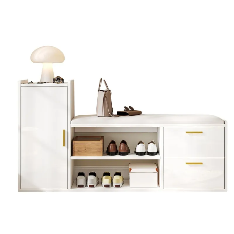 Zapatero 128x30x68 cm - 2 cajones, 1 puerta, asiento acolchado y almacenamiento - Blanco