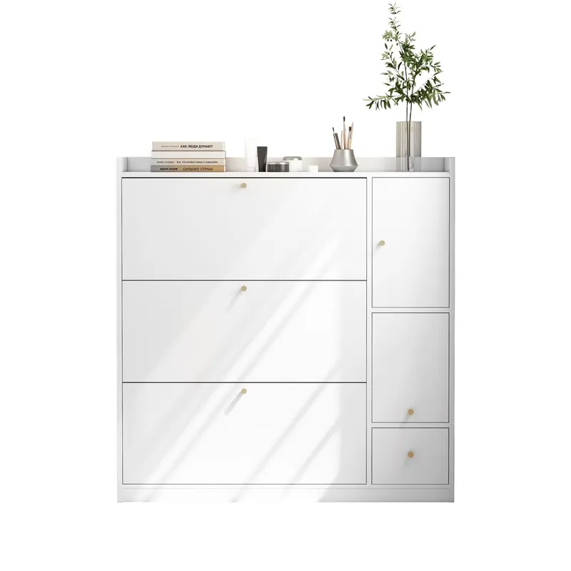 Zapatero inclinable 119x24x122 cm - 3 compartimentos, banco abatible, blanco