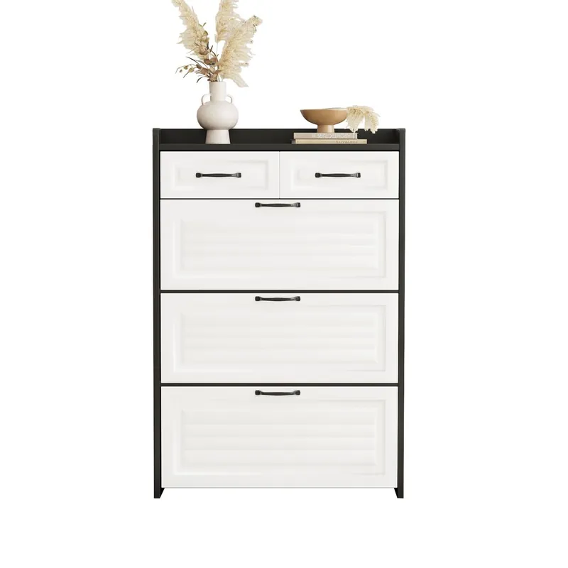 Zapatero 80x23.5x131 cm - Con 3 puertas y 2 cajones, madera, para entrada y salón - Blanco/Negro