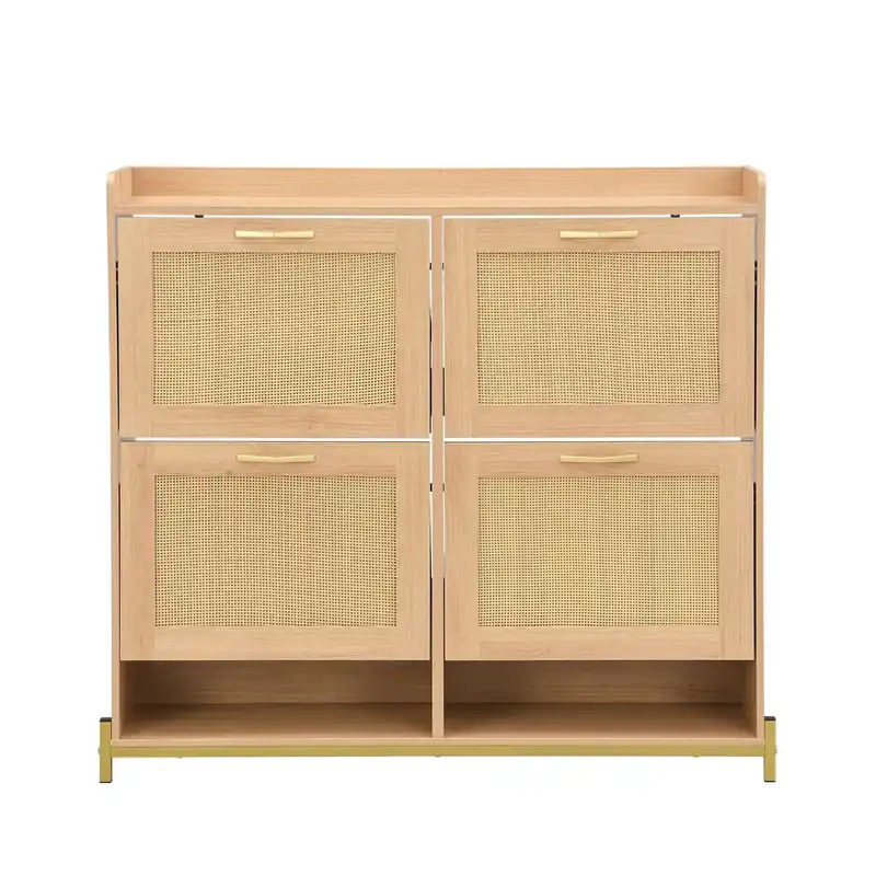 Zapatero 4 puertas - Rattan, metal y estante superior - Roble claro