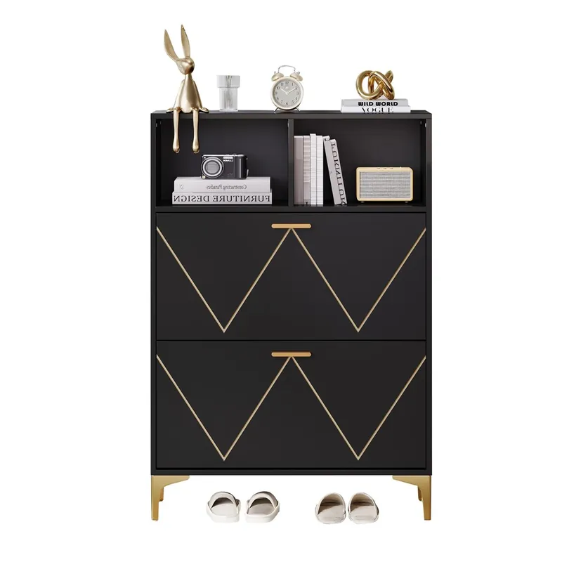 Zapatero 80x25x117 cm - 2 puertas abatibles, 4 compartimentos, diseño elevado - Negro